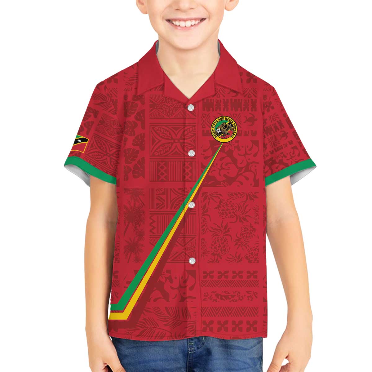 Custom Saint Kitts And Nevis Football Family Matching Off The Shoulder Long Sleeve Dress and Hawaiian Shirt Sugar Boyz Red Version - Wonder Print Shop