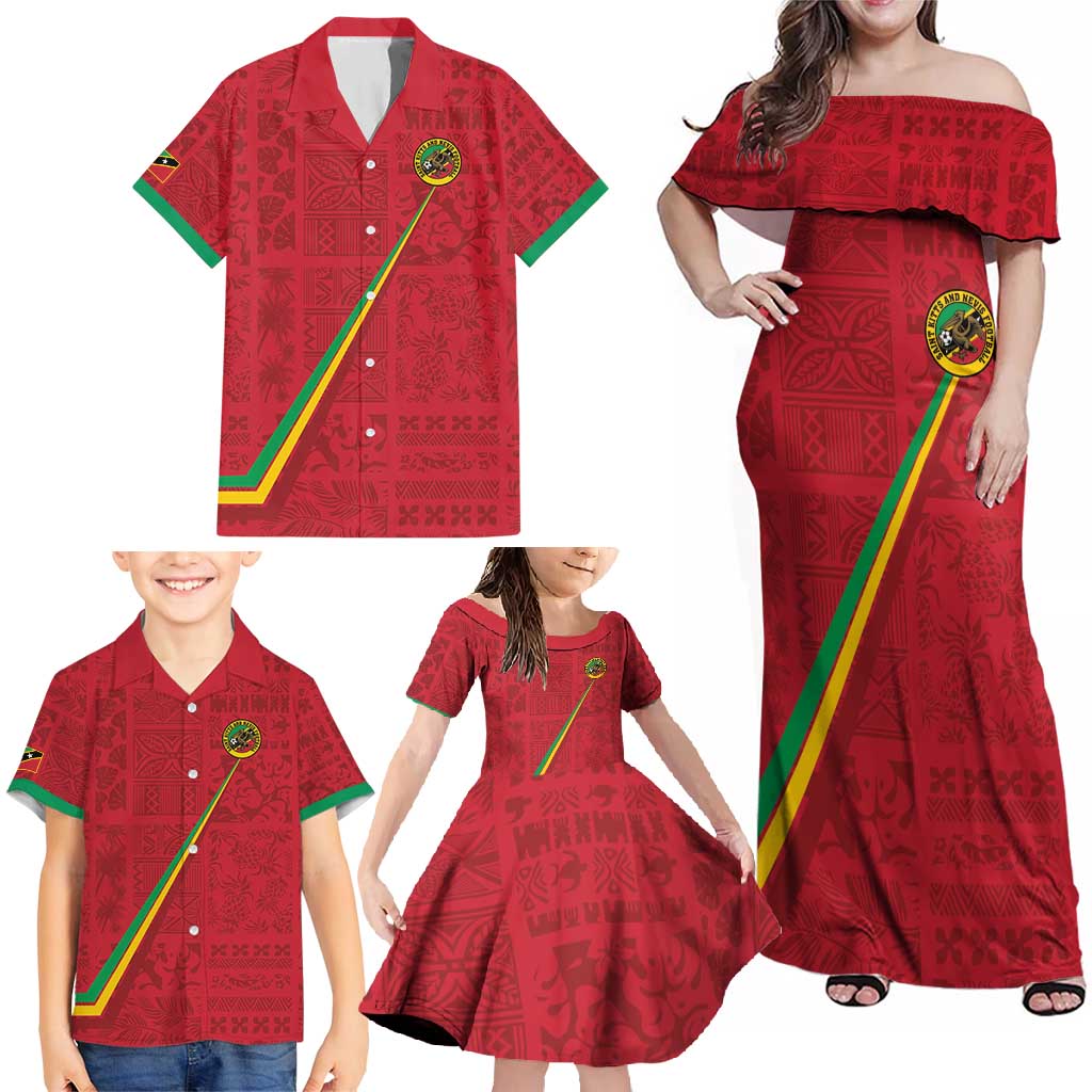 Custom Saint Kitts And Nevis Football Family Matching Off Shoulder Maxi Dress and Hawaiian Shirt Sugar Boyz Red Version - Wonder Print Shop