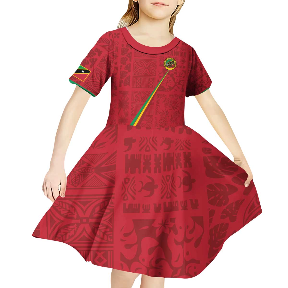 Custom Saint Kitts And Nevis Football Kid Short Sleeve Dress Sugar Boyz Red Version - Wonder Print Shop