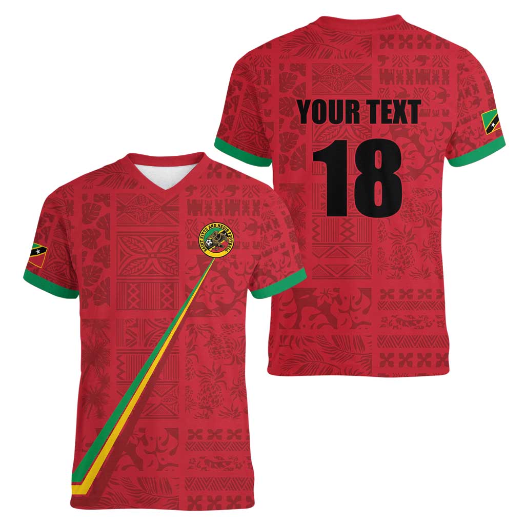 Custom Saint Kitts And Nevis Football Women V-Neck T-Shirt Sugar Boyz Red Version - Wonder Print Shop