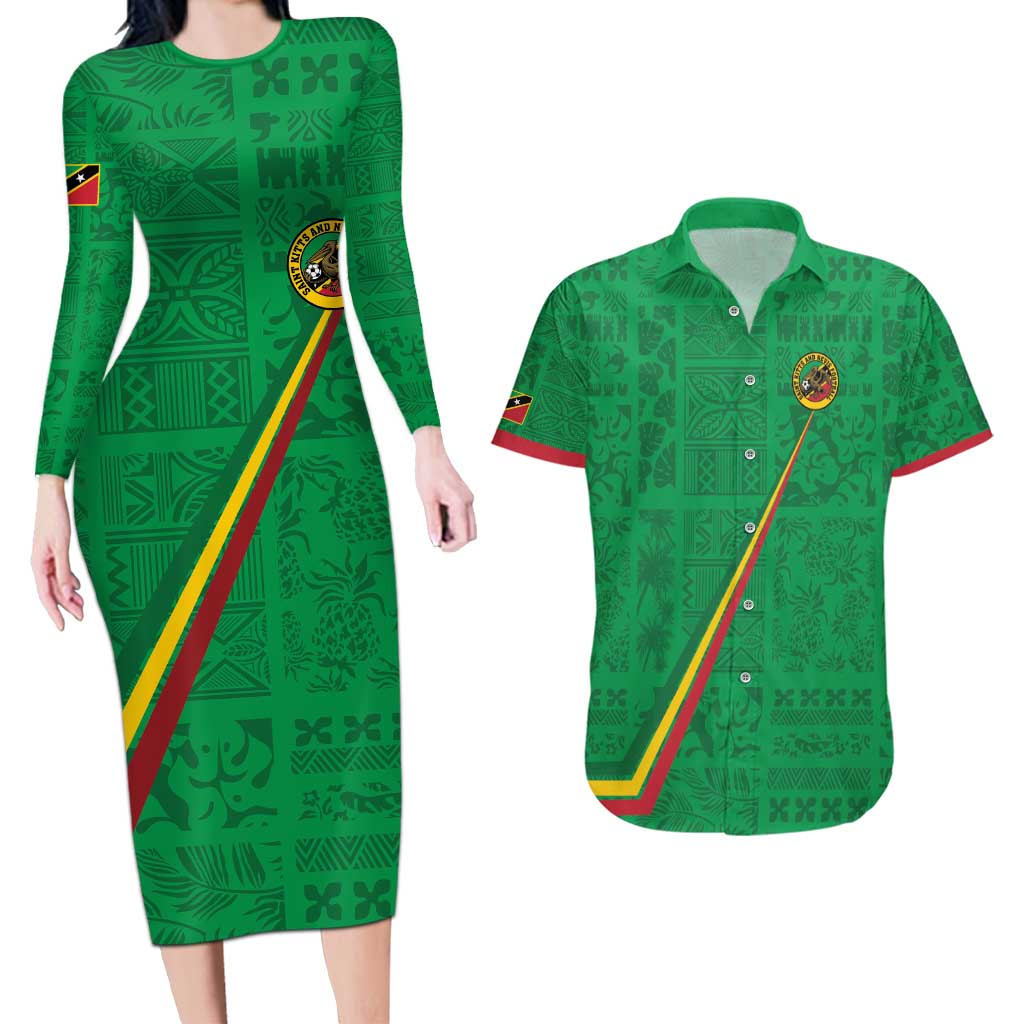 Custom Saint Kitts And Nevis Football Couples Matching Long Sleeve Bodycon Dress and Hawaiian Shirt Sugar Boyz Green Version - Wonder Print Shop