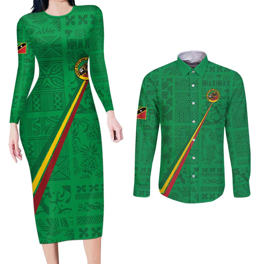 Custom Saint Kitts And Nevis Football Couples Matching Long Sleeve Bodycon Dress and Long Sleeve Button Shirt Sugar Boyz Green Version - Wonder Print Shop
