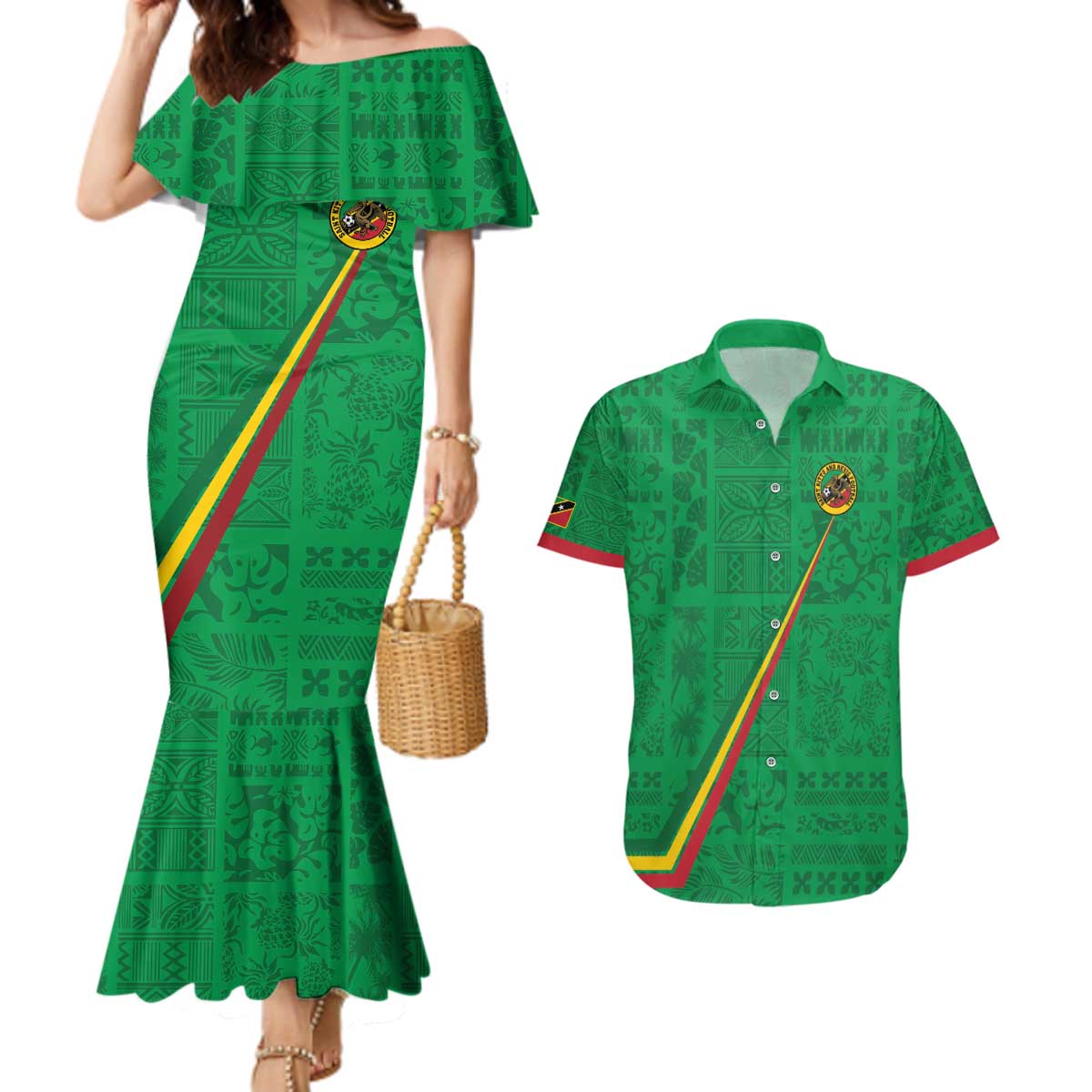 Custom Saint Kitts And Nevis Football Couples Matching Mermaid Dress and Hawaiian Shirt Sugar Boyz Green Version - Wonder Print Shop