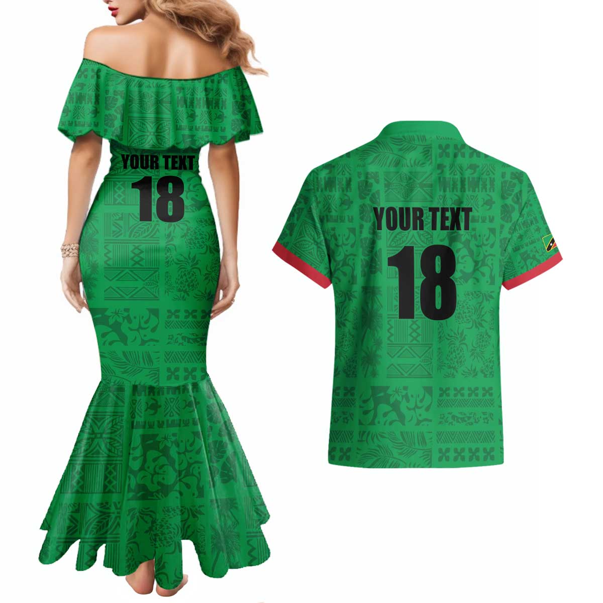 Custom Saint Kitts And Nevis Football Couples Matching Mermaid Dress and Hawaiian Shirt Sugar Boyz Green Version - Wonder Print Shop
