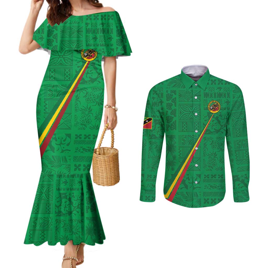 Custom Saint Kitts And Nevis Football Couples Matching Mermaid Dress and Long Sleeve Button Shirt Sugar Boyz Green Version - Wonder Print Shop