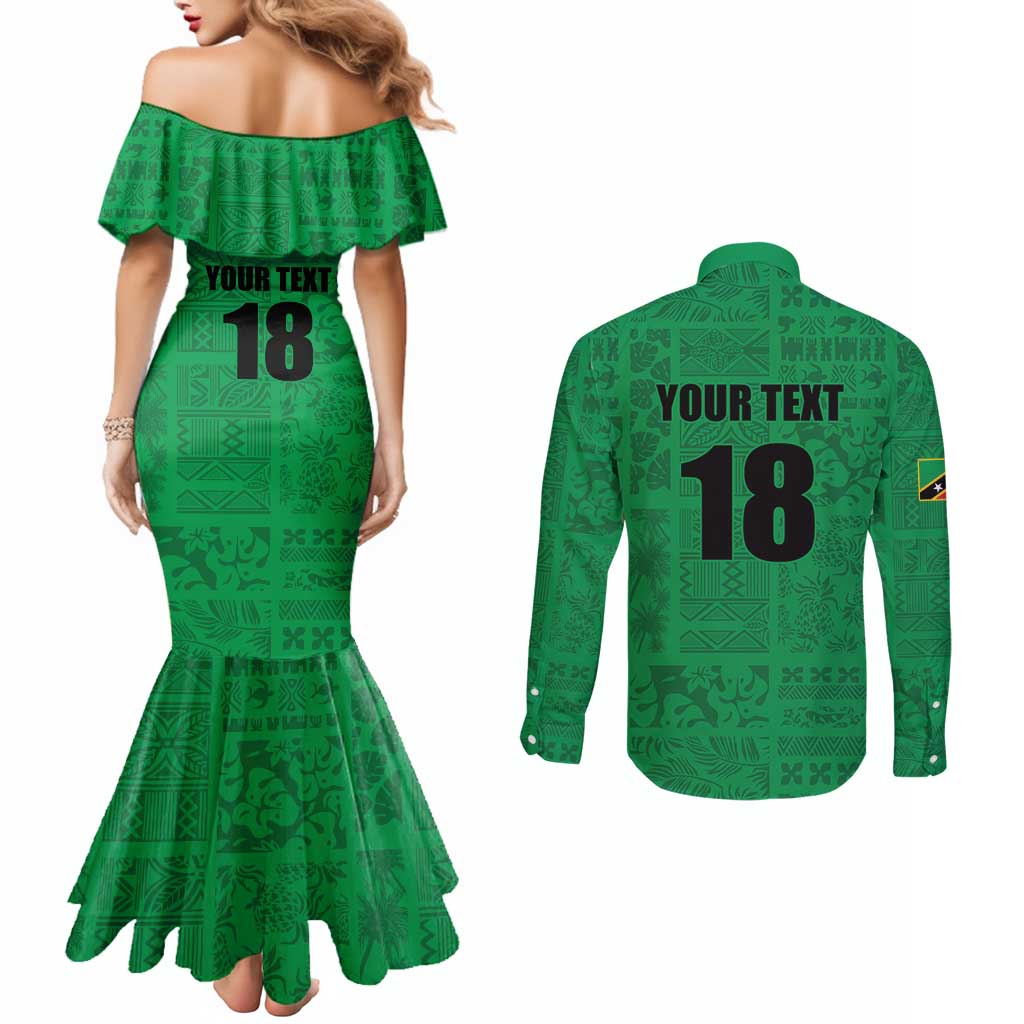 Custom Saint Kitts And Nevis Football Couples Matching Mermaid Dress and Long Sleeve Button Shirt Sugar Boyz Green Version - Wonder Print Shop