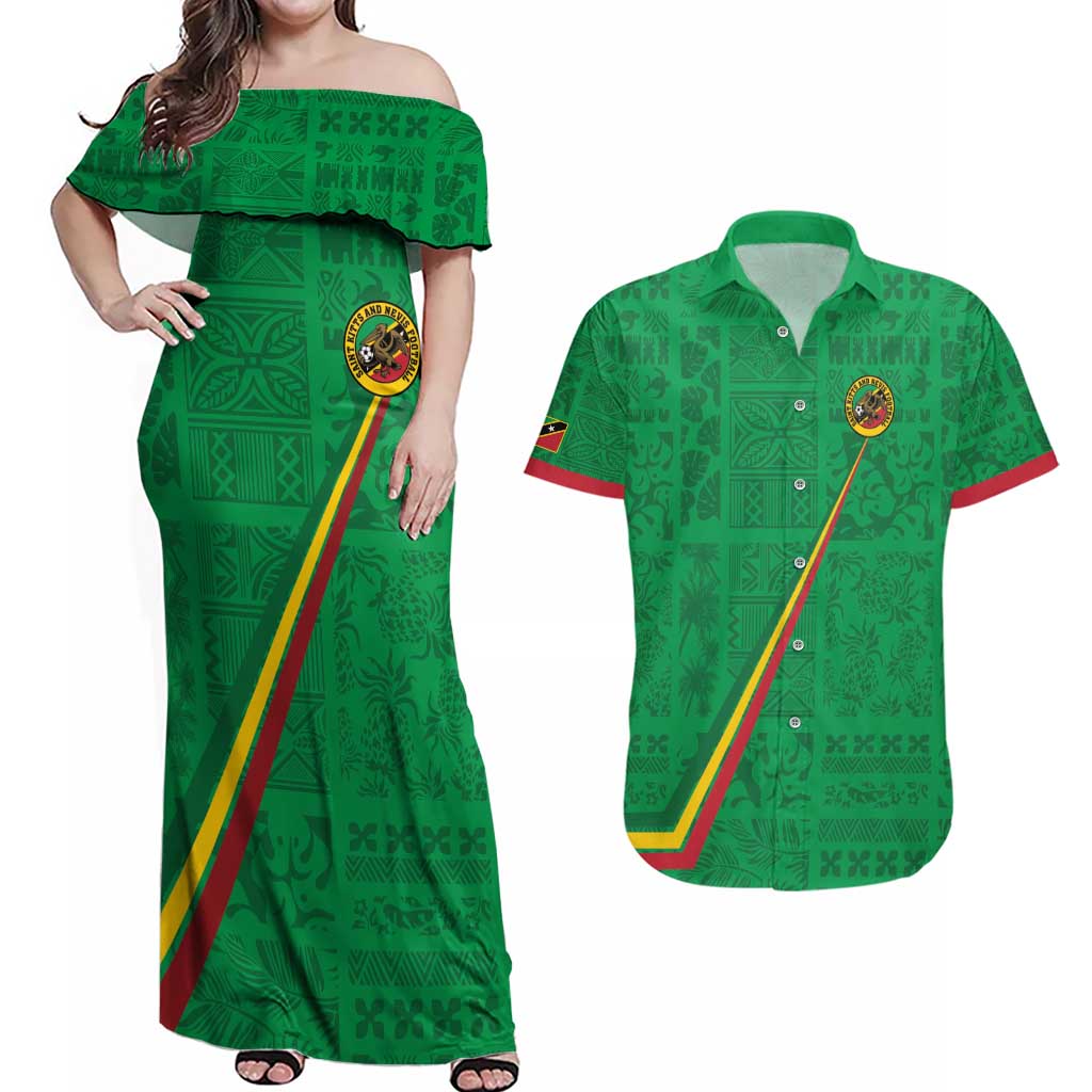 Custom Saint Kitts And Nevis Football Couples Matching Off Shoulder Maxi Dress and Hawaiian Shirt Sugar Boyz Green Version - Wonder Print Shop