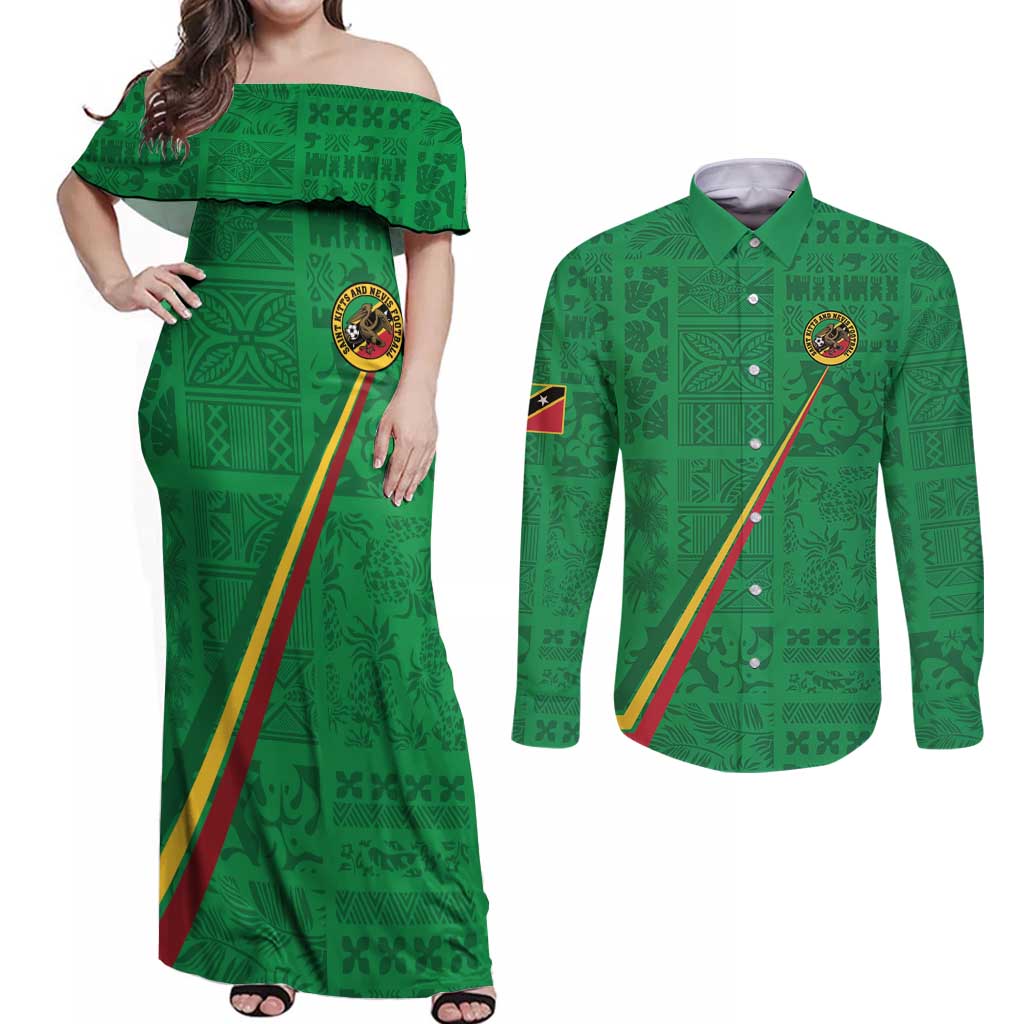 Custom Saint Kitts And Nevis Football Couples Matching Off Shoulder Maxi Dress and Long Sleeve Button Shirt Sugar Boyz Green Version - Wonder Print Shop