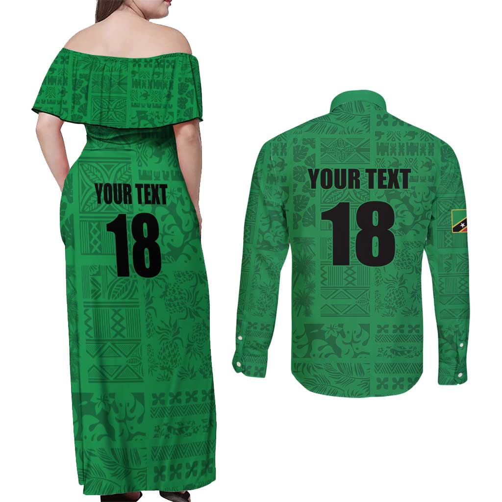 Custom Saint Kitts And Nevis Football Couples Matching Off Shoulder Maxi Dress and Long Sleeve Button Shirt Sugar Boyz Green Version - Wonder Print Shop