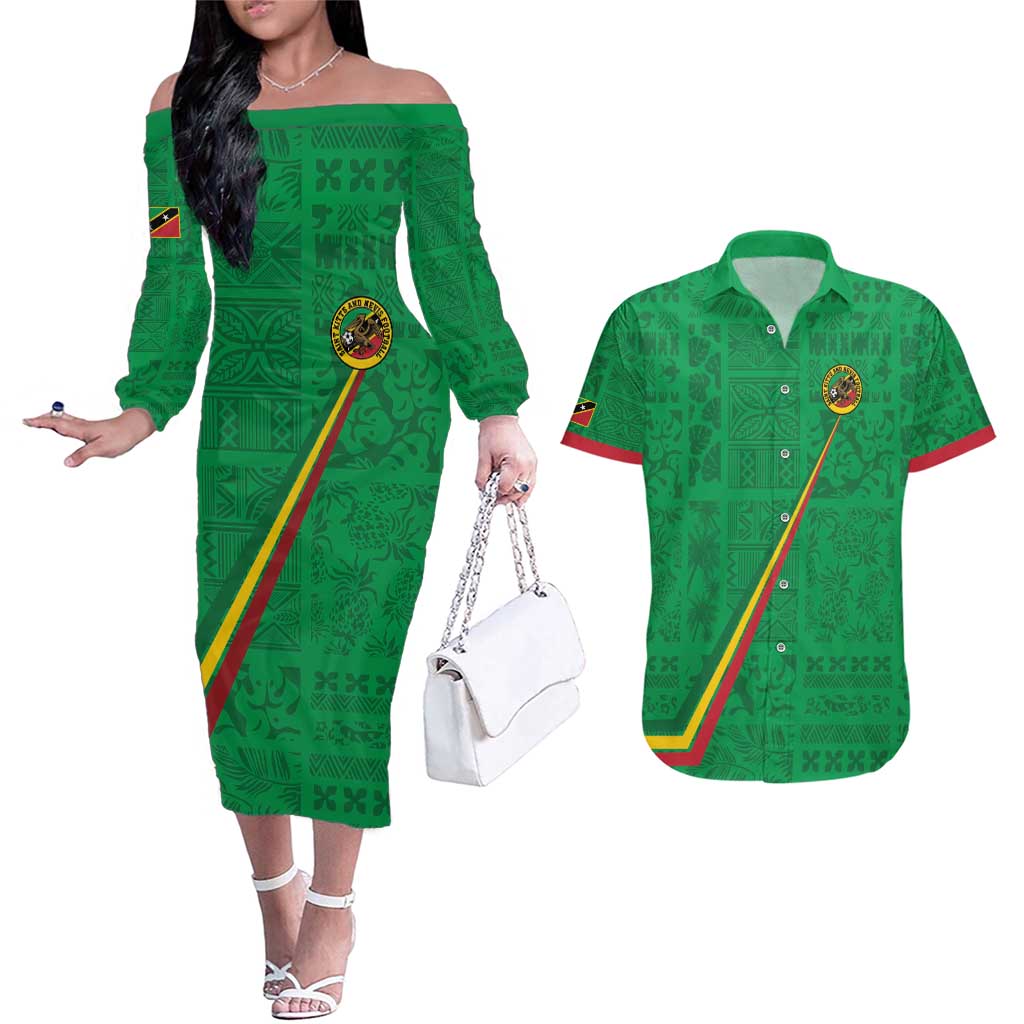Custom Saint Kitts And Nevis Football Couples Matching Off The Shoulder Long Sleeve Dress and Hawaiian Shirt Sugar Boyz Green Version - Wonder Print Shop