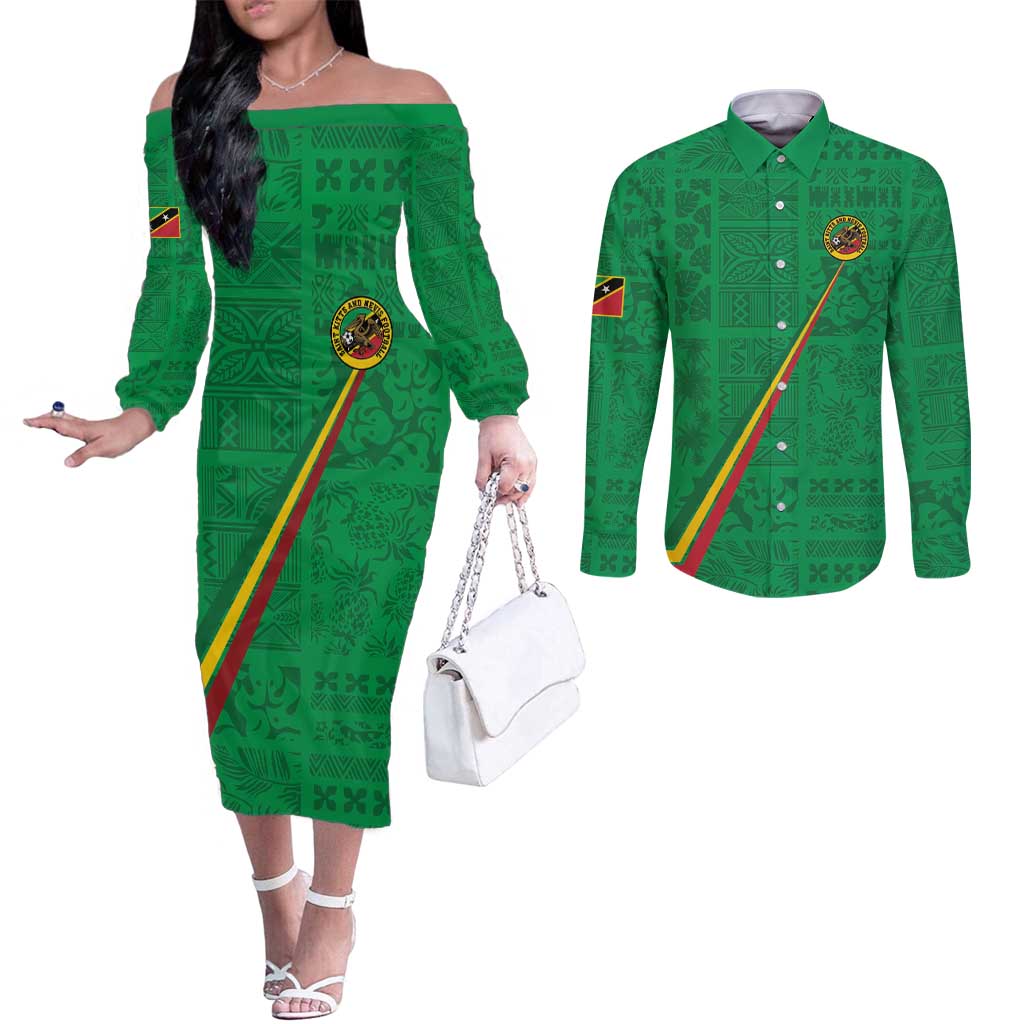 Custom Saint Kitts And Nevis Football Couples Matching Off The Shoulder Long Sleeve Dress and Long Sleeve Button Shirt Sugar Boyz Green Version - Wonder Print Shop