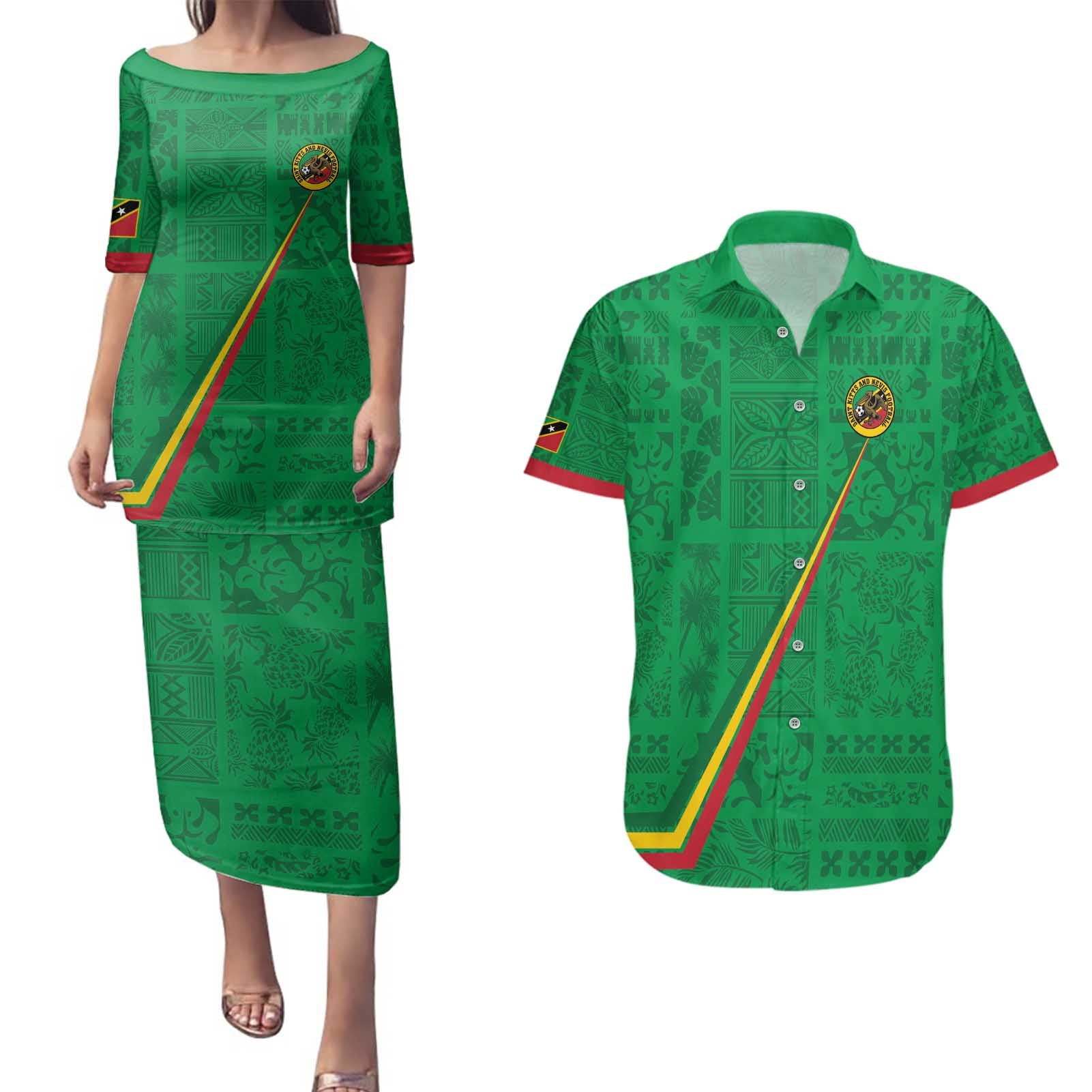 Custom Saint Kitts And Nevis Football Couples Matching Puletasi and Hawaiian Shirt Sugar Boyz Green Version - Wonder Print Shop