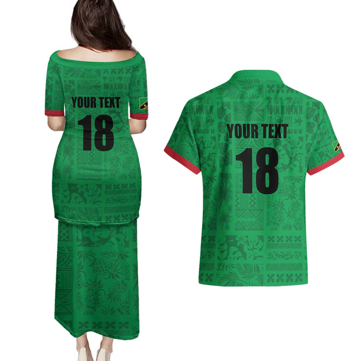 Custom Saint Kitts And Nevis Football Couples Matching Puletasi and Hawaiian Shirt Sugar Boyz Green Version - Wonder Print Shop
