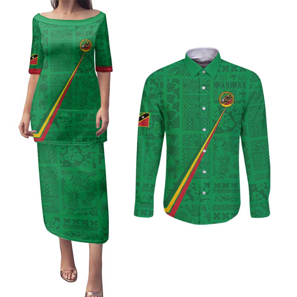 Custom Saint Kitts And Nevis Football Couples Matching Puletasi and Long Sleeve Button Shirt Sugar Boyz Green Version - Wonder Print Shop