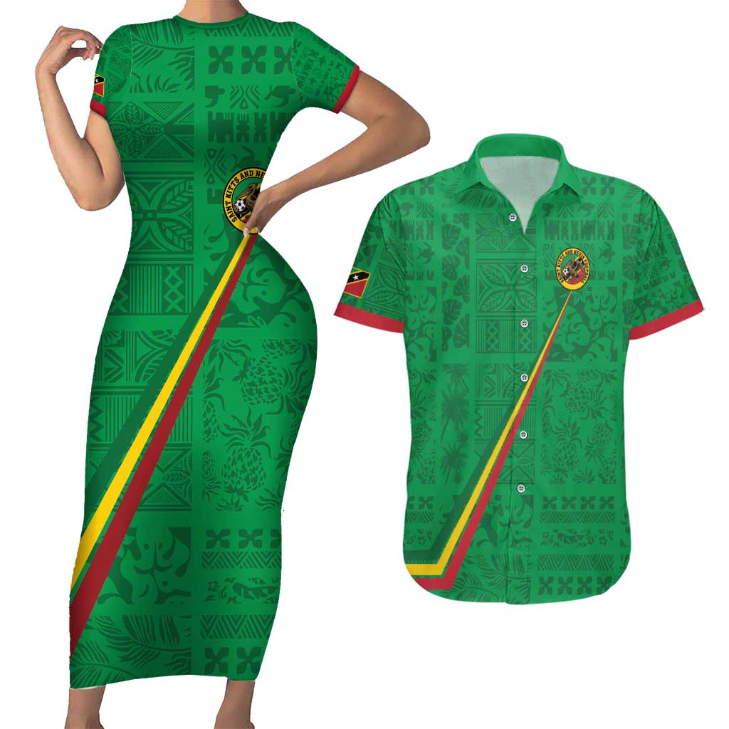 Custom Saint Kitts And Nevis Football Couples Matching Short Sleeve Bodycon Dress and Hawaiian Shirt Sugar Boyz Green Version - Wonder Print Shop