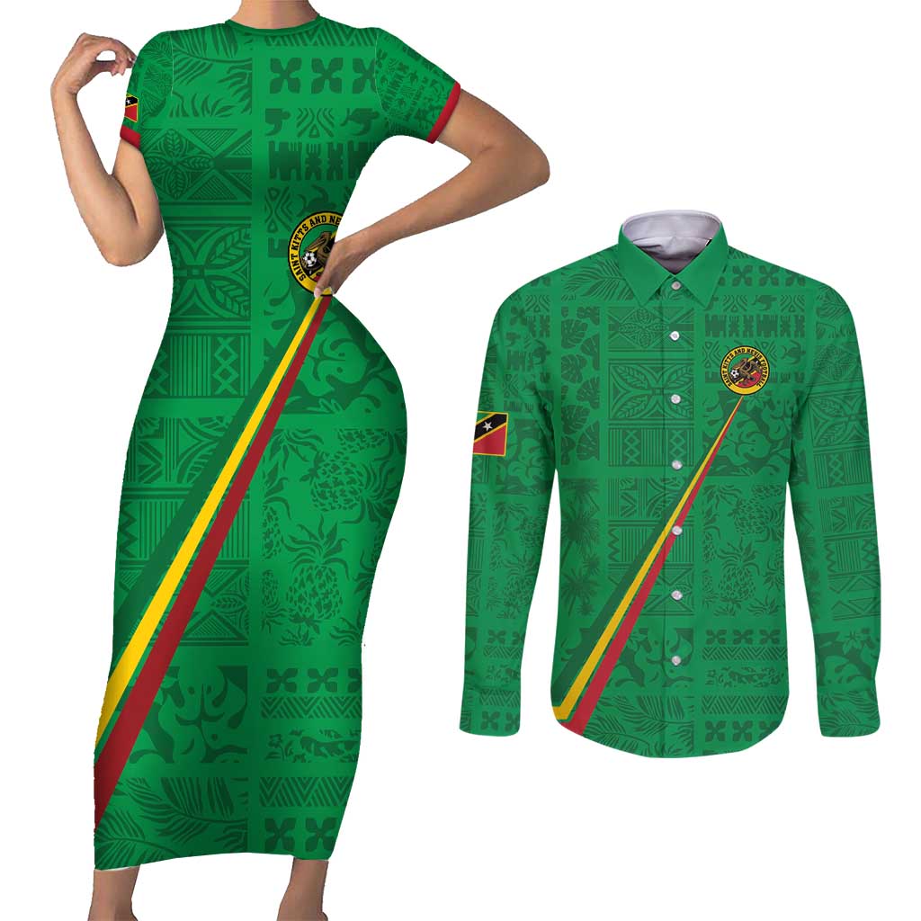 Custom Saint Kitts And Nevis Football Couples Matching Short Sleeve Bodycon Dress and Long Sleeve Button Shirt Sugar Boyz Green Version - Wonder Print Shop