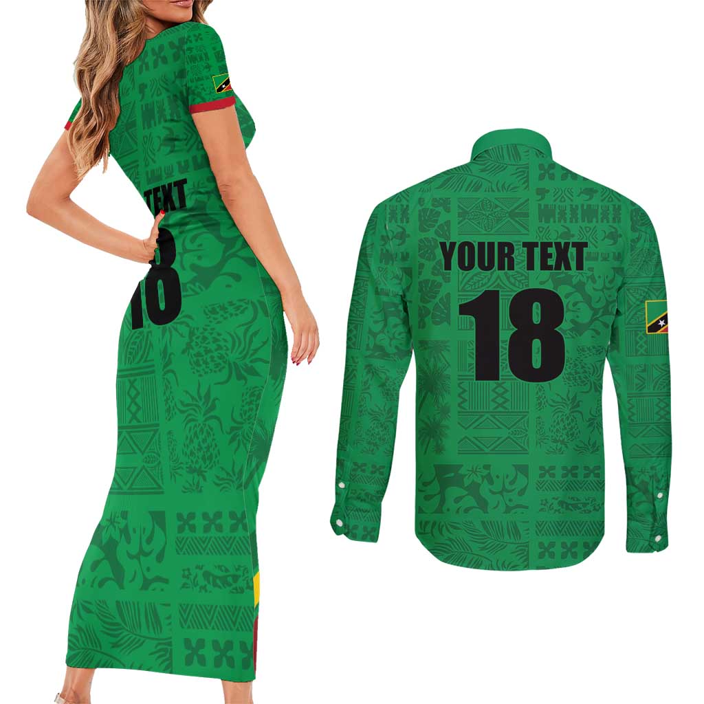 Custom Saint Kitts And Nevis Football Couples Matching Short Sleeve Bodycon Dress and Long Sleeve Button Shirt Sugar Boyz Green Version - Wonder Print Shop