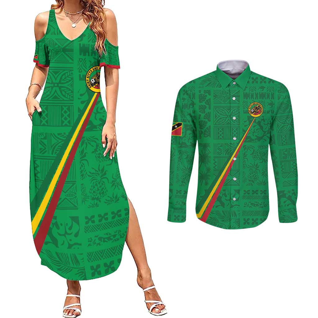Custom Saint Kitts And Nevis Football Couples Matching Summer Maxi Dress and Long Sleeve Button Shirt Sugar Boyz Green Version - Wonder Print Shop