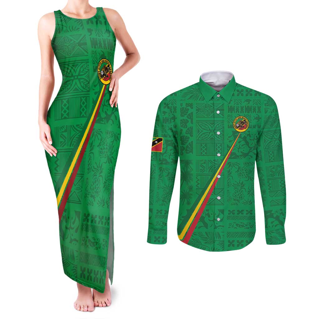 Custom Saint Kitts And Nevis Football Couples Matching Tank Maxi Dress and Long Sleeve Button Shirt Sugar Boyz Green Version - Wonder Print Shop