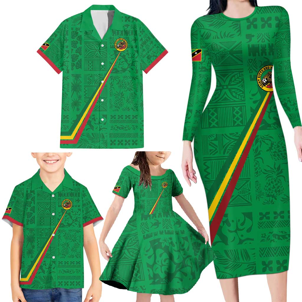 Custom Saint Kitts And Nevis Football Family Matching Long Sleeve Bodycon Dress and Hawaiian Shirt Sugar Boyz Green Version - Wonder Print Shop