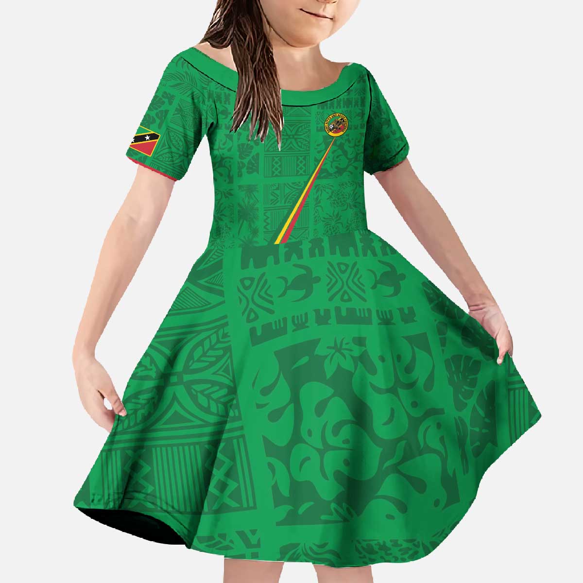 Custom Saint Kitts And Nevis Football Family Matching Off The Shoulder Long Sleeve Dress and Hawaiian Shirt Sugar Boyz Green Version - Wonder Print Shop