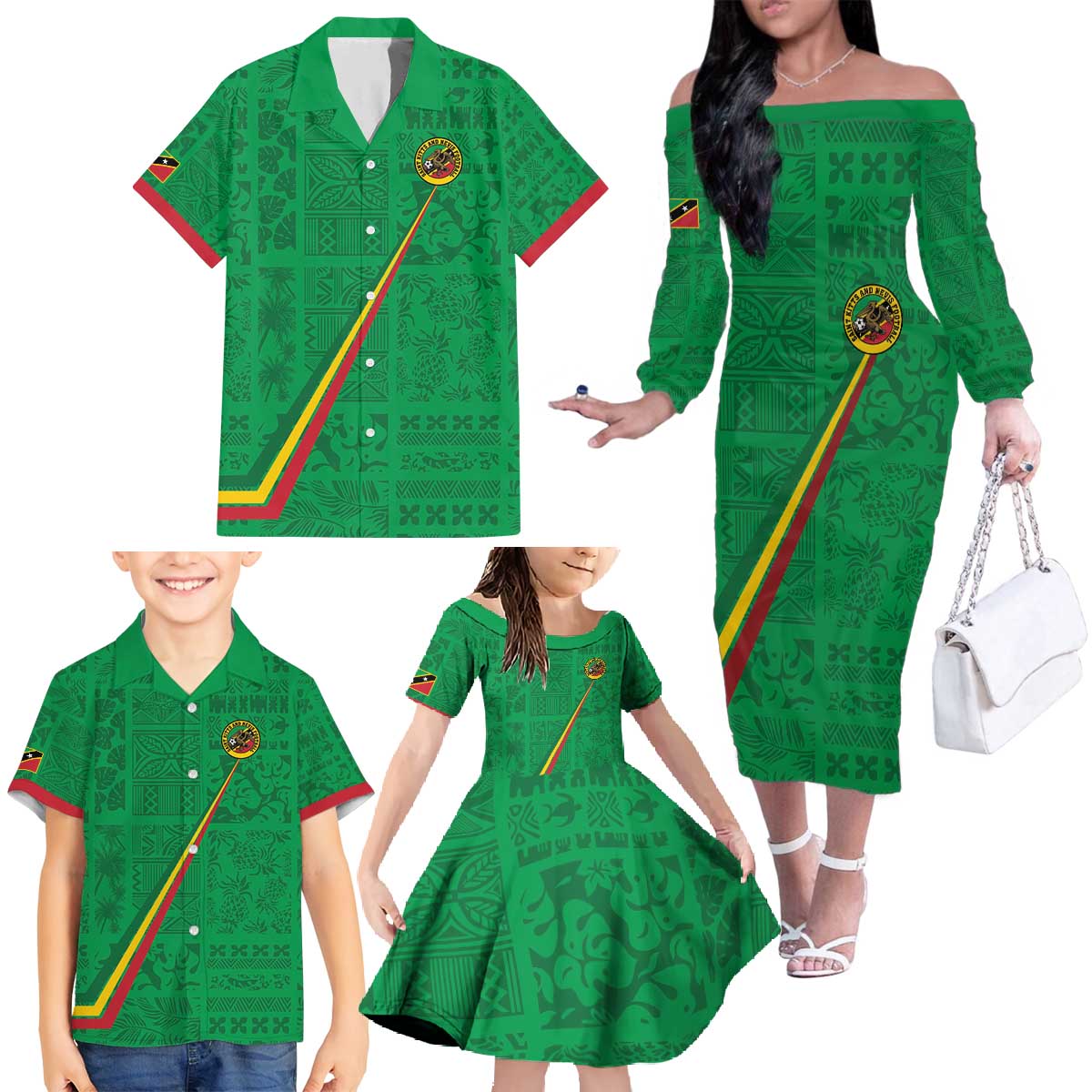 Custom Saint Kitts And Nevis Football Family Matching Off The Shoulder Long Sleeve Dress and Hawaiian Shirt Sugar Boyz Green Version - Wonder Print Shop