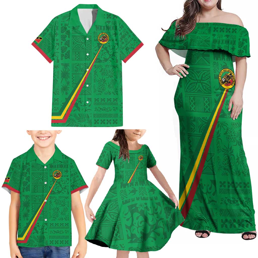 Custom Saint Kitts And Nevis Football Family Matching Off Shoulder Maxi Dress and Hawaiian Shirt Sugar Boyz Green Version - Wonder Print Shop
