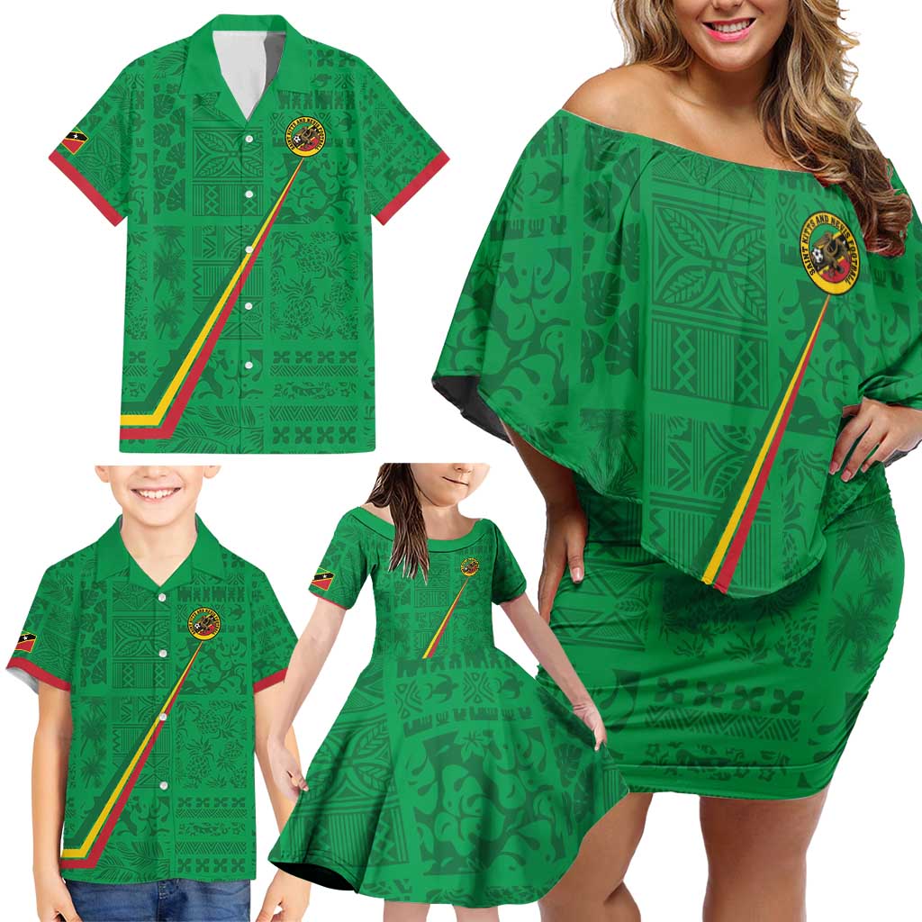 Custom Saint Kitts And Nevis Football Family Matching Off Shoulder Short Dress and Hawaiian Shirt Sugar Boyz Green Version - Wonder Print Shop