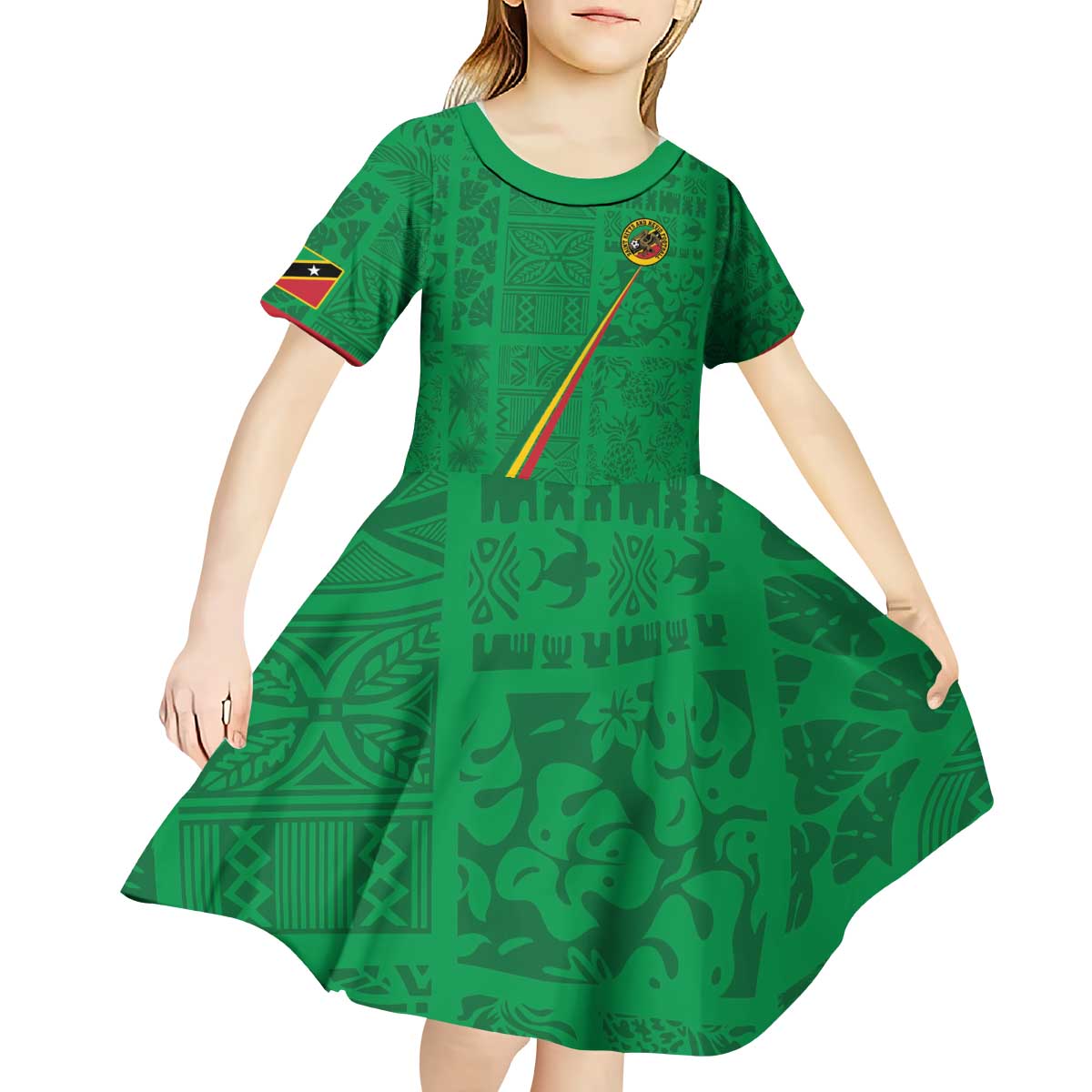 Custom Saint Kitts And Nevis Football Kid Short Sleeve Dress Sugar Boyz Green Version - Wonder Print Shop