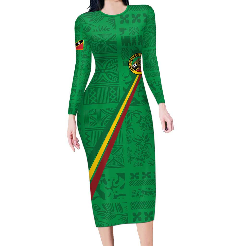 Custom Saint Kitts And Nevis Football Long Sleeve Bodycon Dress Sugar Boyz Green Version - Wonder Print Shop