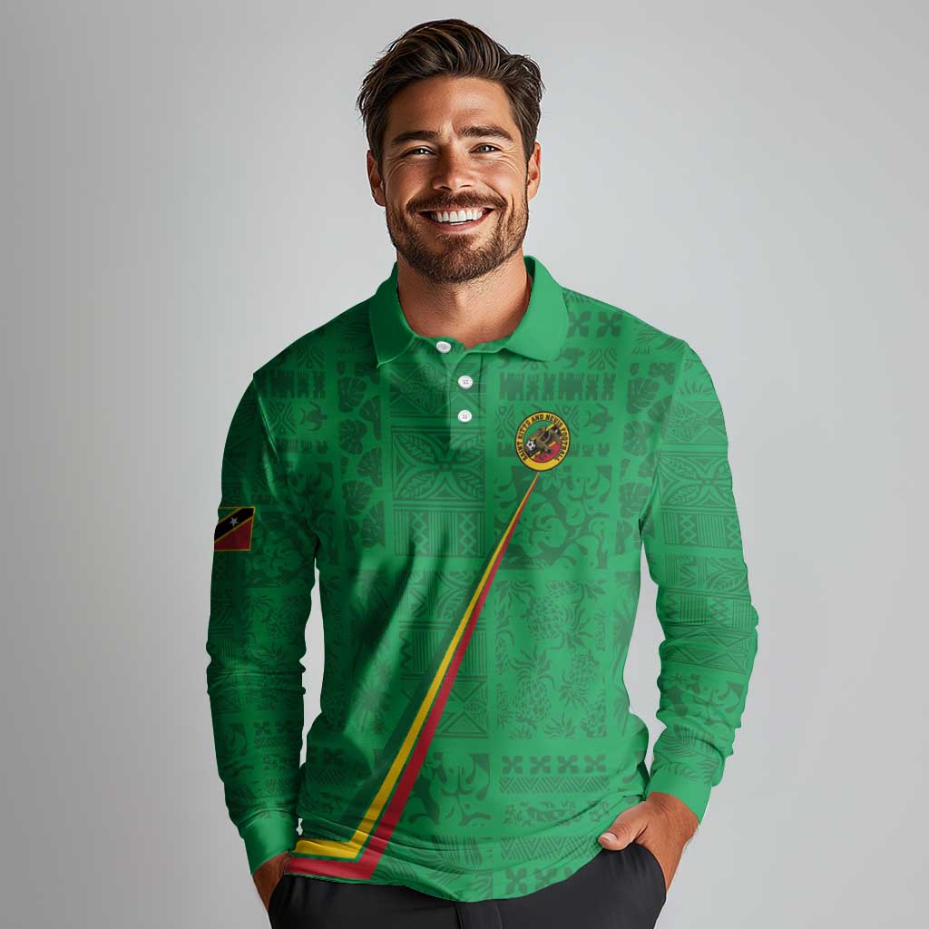 Custom Saint Kitts And Nevis Football Long Sleeve Polo Shirt Sugar Boyz Green Version - Wonder Print Shop