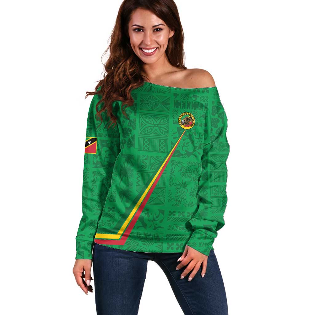 Custom Saint Kitts And Nevis Football Off Shoulder Sweater Sugar Boyz Green Version - Wonder Print Shop