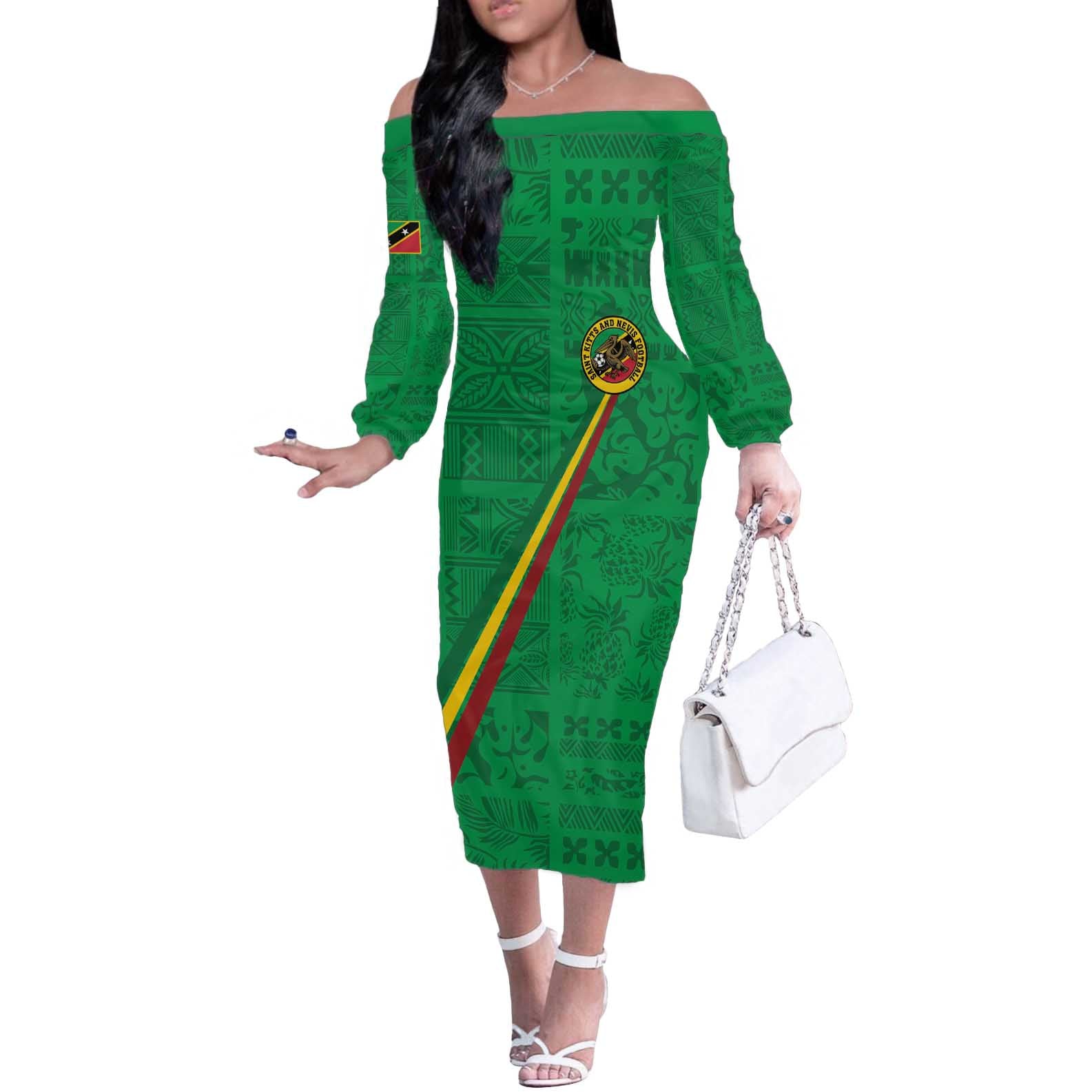 Custom Saint Kitts And Nevis Football Off The Shoulder Long Sleeve Dress Sugar Boyz Green Version - Wonder Print Shop