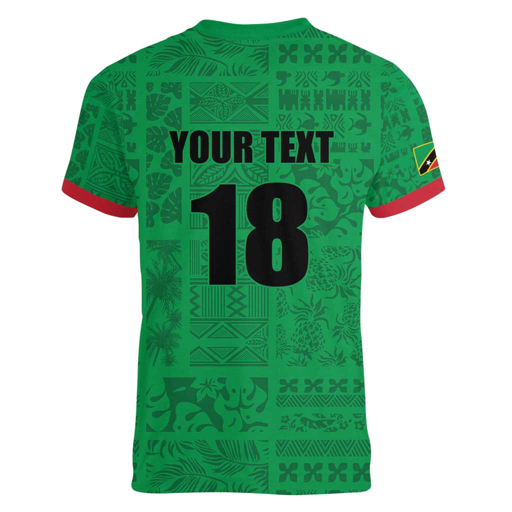 Custom Saint Kitts And Nevis Football Women V-Neck T-Shirt Sugar Boyz Green Version - Wonder Print Shop