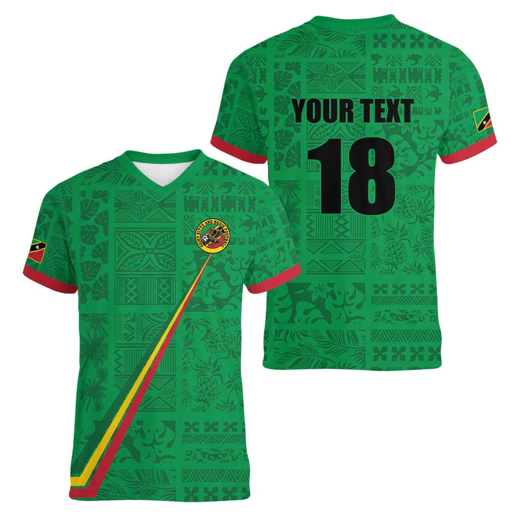 Custom Saint Kitts And Nevis Football Women V-Neck T-Shirt Sugar Boyz Green Version - Wonder Print Shop