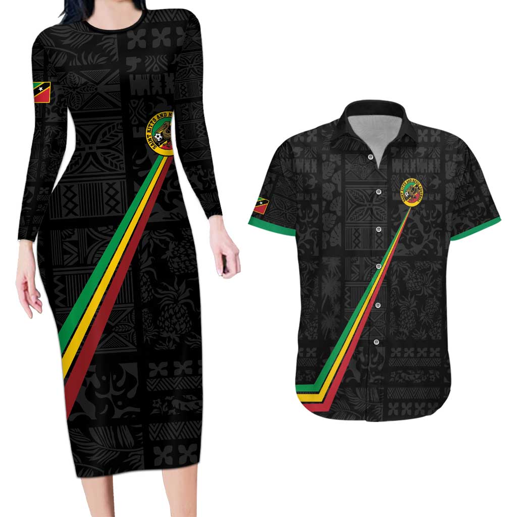 Custom Saint Kitts And Nevis Football Couples Matching Long Sleeve Bodycon Dress and Hawaiian Shirt Sugar Boyz Black Version - Wonder Print Shop