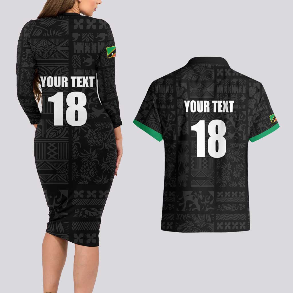 Custom Saint Kitts And Nevis Football Couples Matching Long Sleeve Bodycon Dress and Hawaiian Shirt Sugar Boyz Black Version - Wonder Print Shop