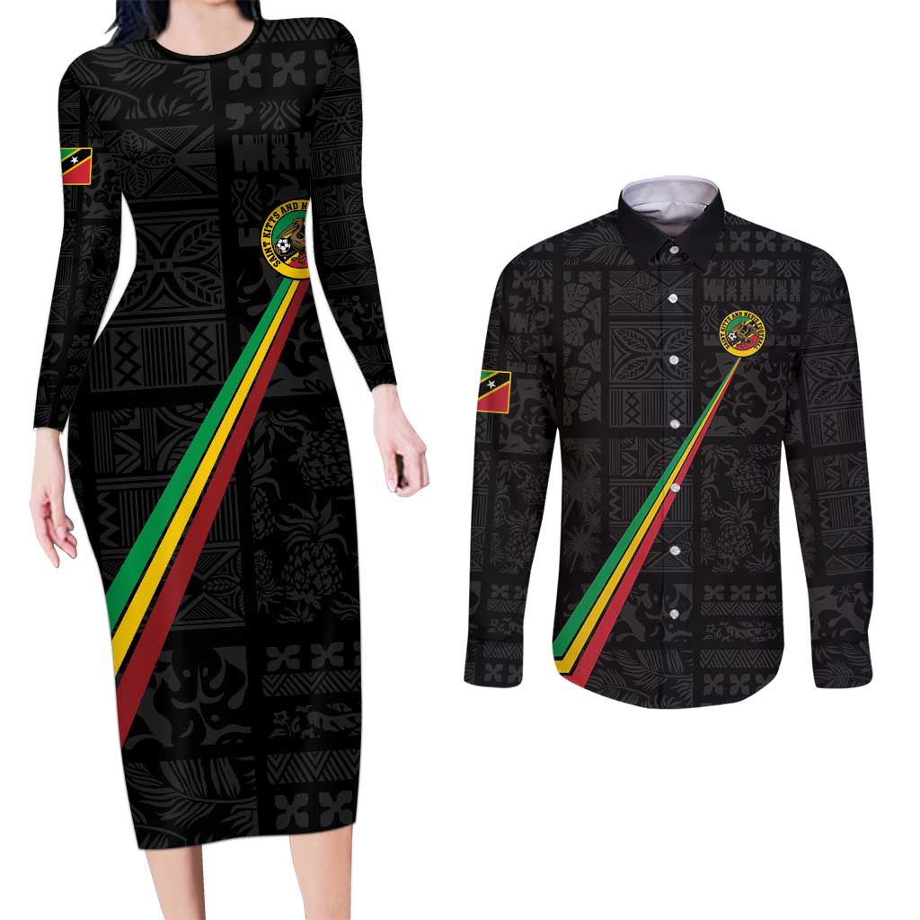 Custom Saint Kitts And Nevis Football Couples Matching Long Sleeve Bodycon Dress and Long Sleeve Button Shirt Sugar Boyz Black Version - Wonder Print Shop