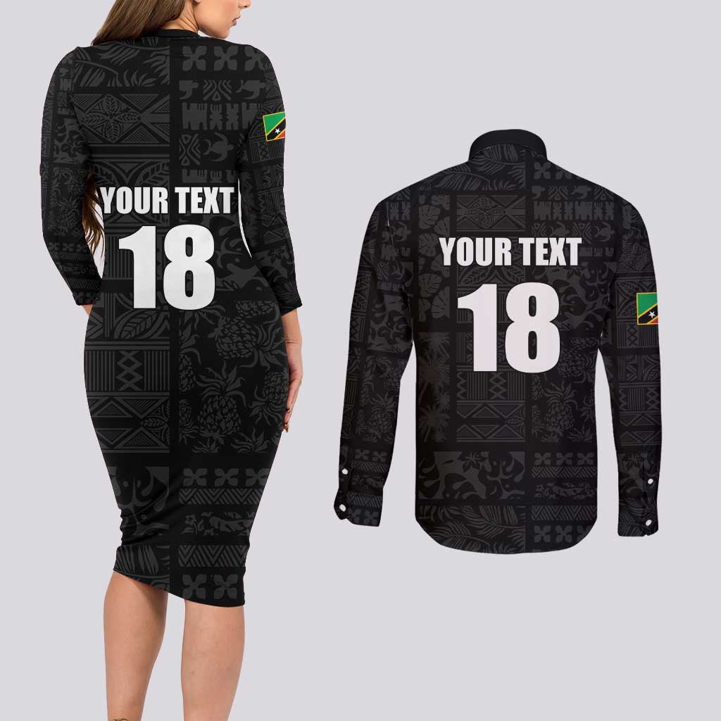 Custom Saint Kitts And Nevis Football Couples Matching Long Sleeve Bodycon Dress and Long Sleeve Button Shirt Sugar Boyz Black Version - Wonder Print Shop