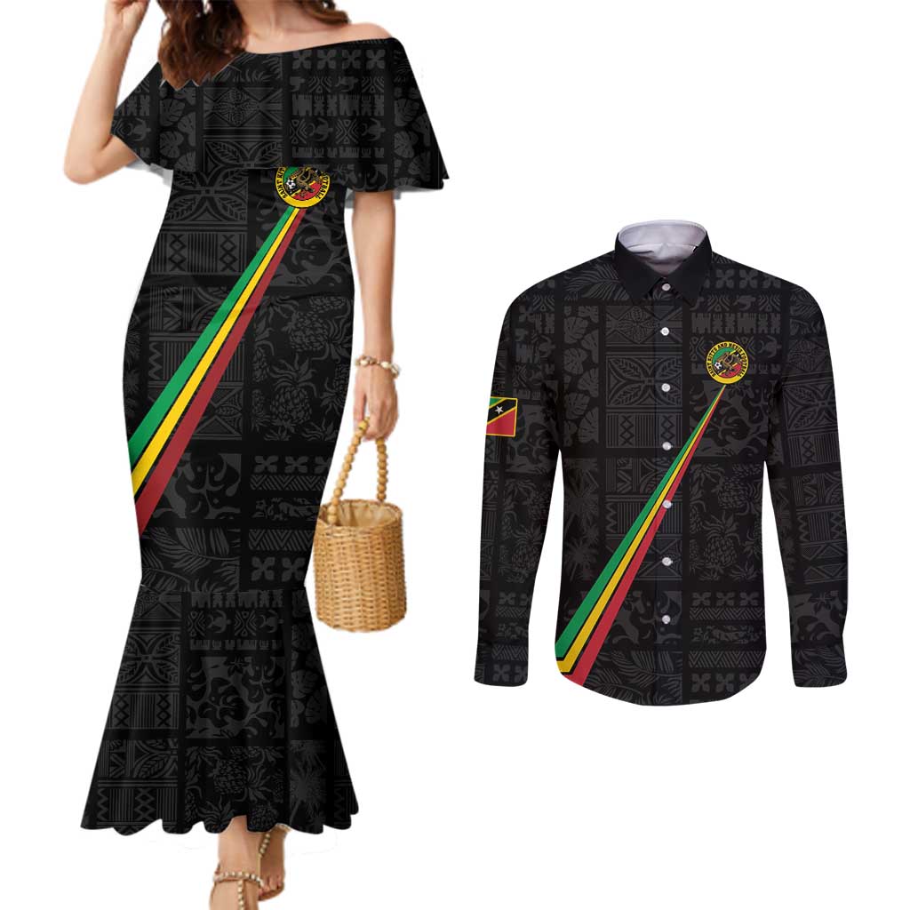 Custom Saint Kitts And Nevis Football Couples Matching Mermaid Dress and Long Sleeve Button Shirt Sugar Boyz Black Version - Wonder Print Shop