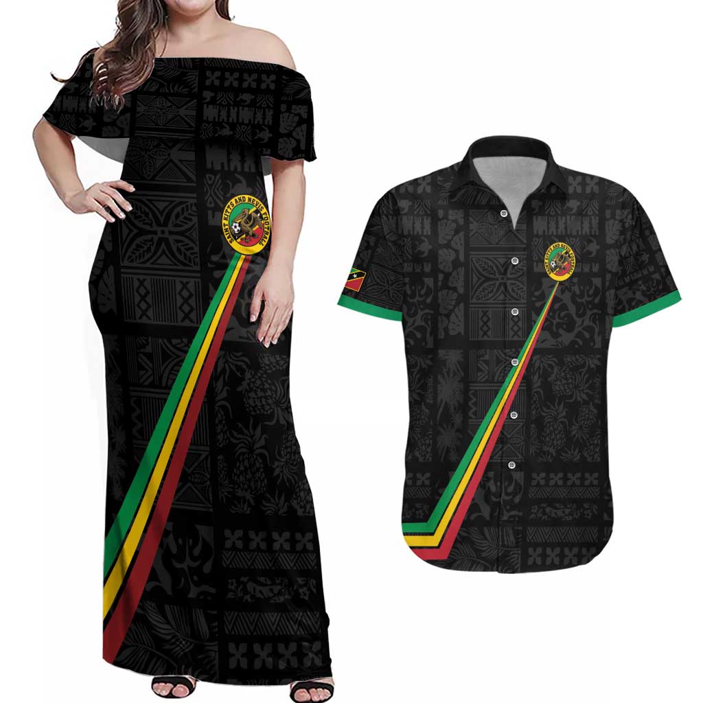 Custom Saint Kitts And Nevis Football Couples Matching Off Shoulder Maxi Dress and Hawaiian Shirt Sugar Boyz Black Version - Wonder Print Shop