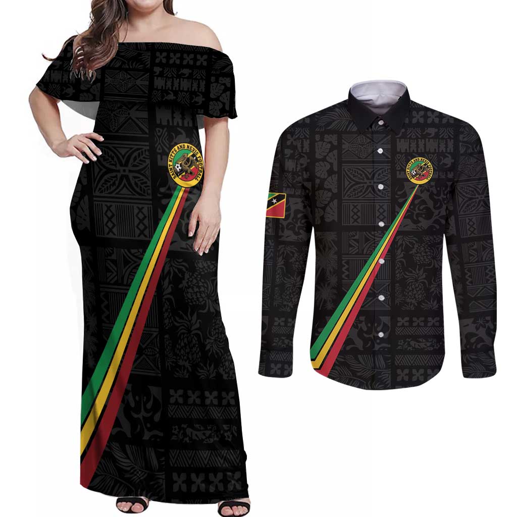 Custom Saint Kitts And Nevis Football Couples Matching Off Shoulder Maxi Dress and Long Sleeve Button Shirt Sugar Boyz Black Version - Wonder Print Shop
