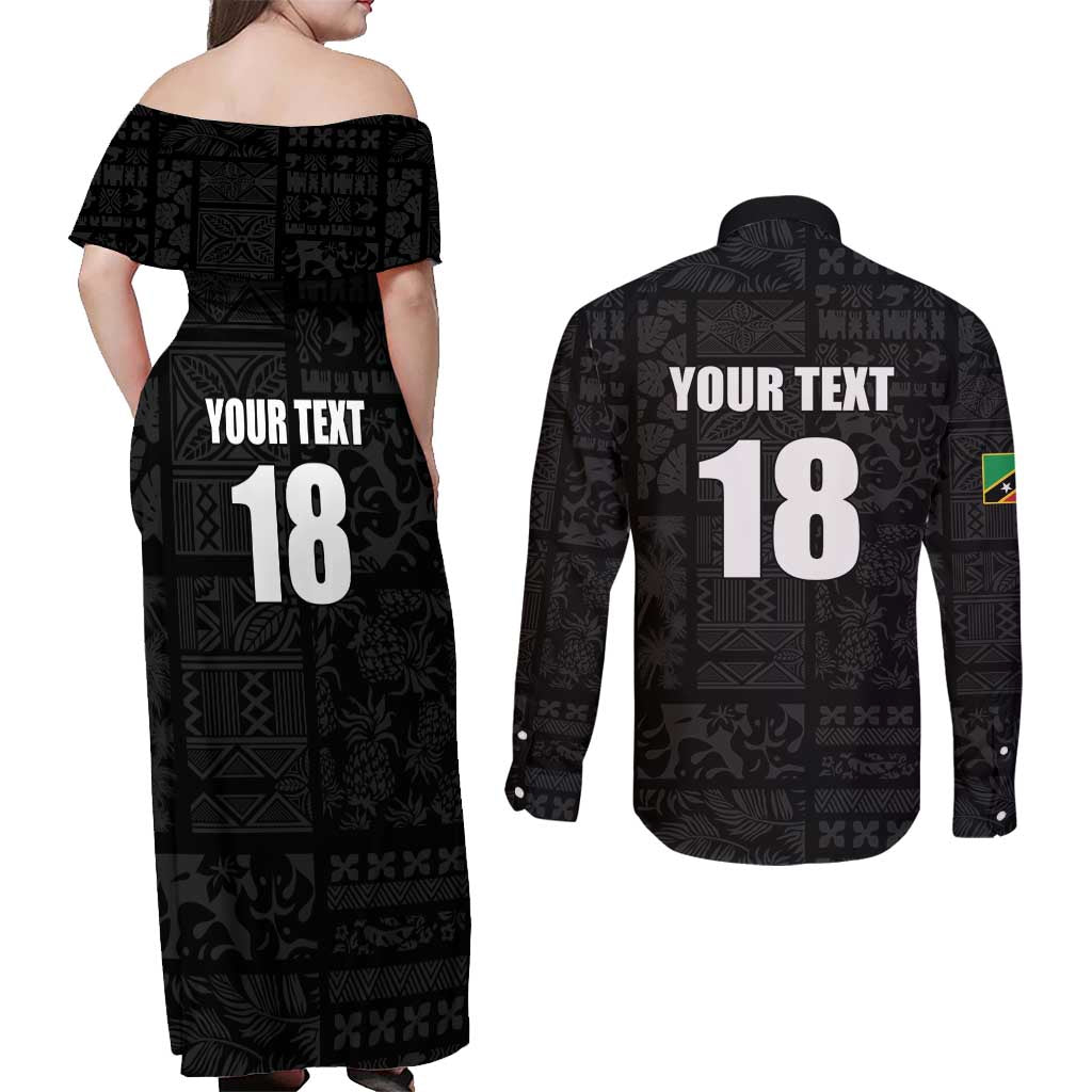 Custom Saint Kitts And Nevis Football Couples Matching Off Shoulder Maxi Dress and Long Sleeve Button Shirt Sugar Boyz Black Version - Wonder Print Shop