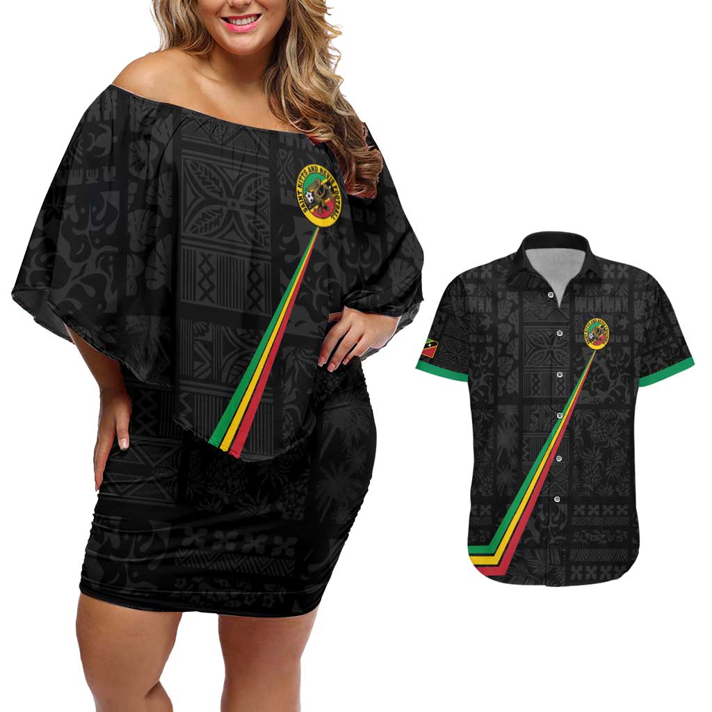 Custom Saint Kitts And Nevis Football Couples Matching Off Shoulder Short Dress and Hawaiian Shirt Sugar Boyz Black Version - Wonder Print Shop