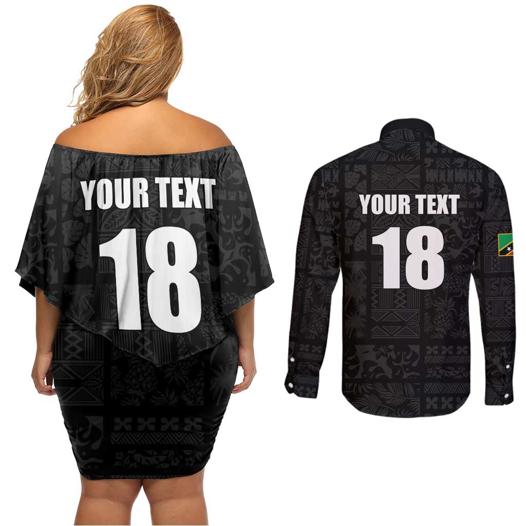 Custom Saint Kitts And Nevis Football Couples Matching Off Shoulder Short Dress and Long Sleeve Button Shirt Sugar Boyz Black Version - Wonder Print Shop
