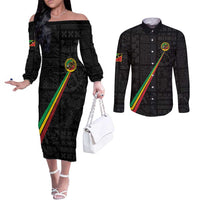 Custom Saint Kitts And Nevis Football Couples Matching Off The Shoulder Long Sleeve Dress and Long Sleeve Button Shirt Sugar Boyz Black Version - Wonder Print Shop