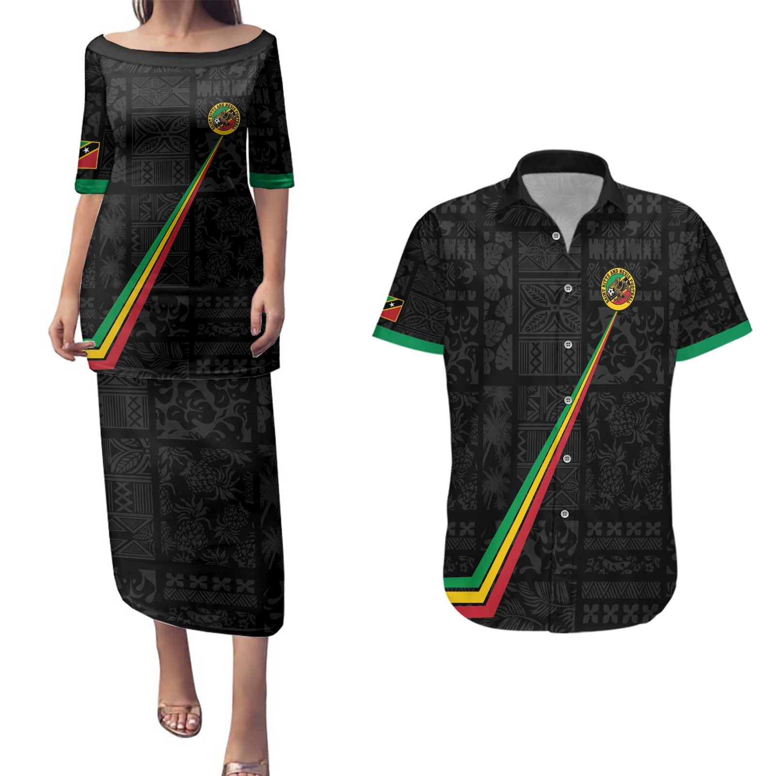 Custom Saint Kitts And Nevis Football Couples Matching Puletasi and Hawaiian Shirt Sugar Boyz Black Version - Wonder Print Shop
