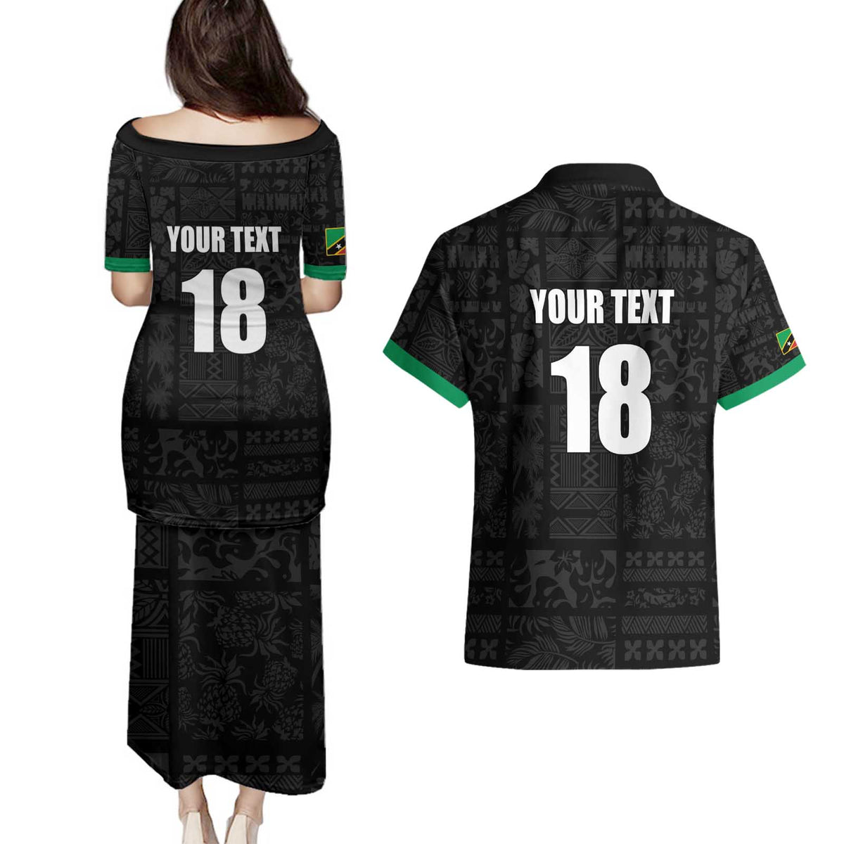 Custom Saint Kitts And Nevis Football Couples Matching Puletasi and Hawaiian Shirt Sugar Boyz Black Version - Wonder Print Shop
