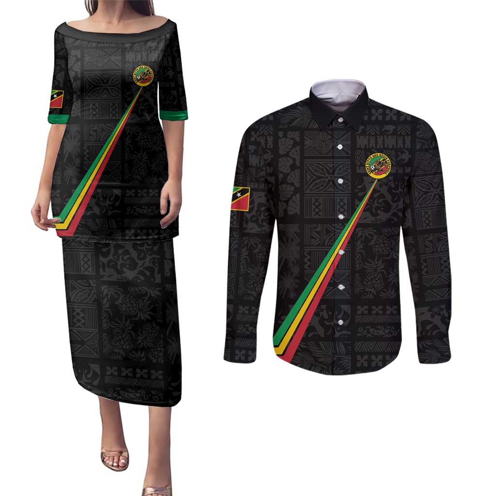 Custom Saint Kitts And Nevis Football Couples Matching Puletasi and Long Sleeve Button Shirt Sugar Boyz Black Version - Wonder Print Shop