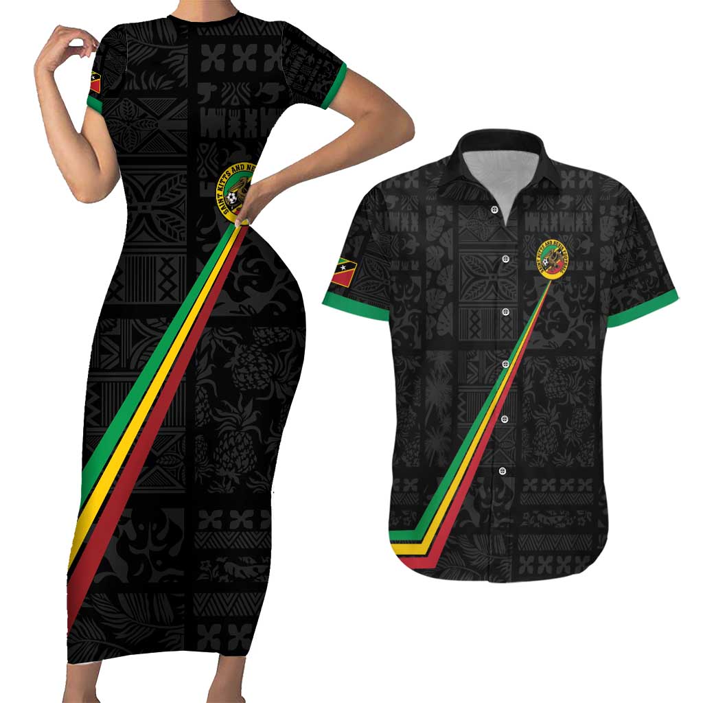 Custom Saint Kitts And Nevis Football Couples Matching Short Sleeve Bodycon Dress and Hawaiian Shirt Sugar Boyz Black Version - Wonder Print Shop